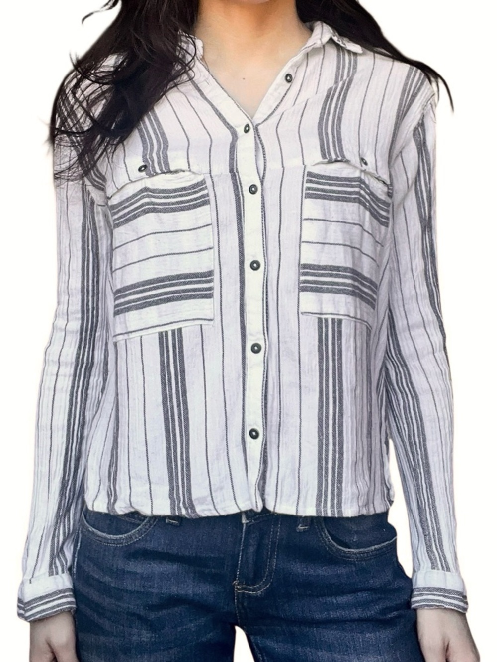 Mango Striped Dark Grey & White Women’s Button Down- Size 4